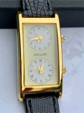 Avalon by Citizen Gold-Tone Rectangular Dual Dial Watch with Black Strap